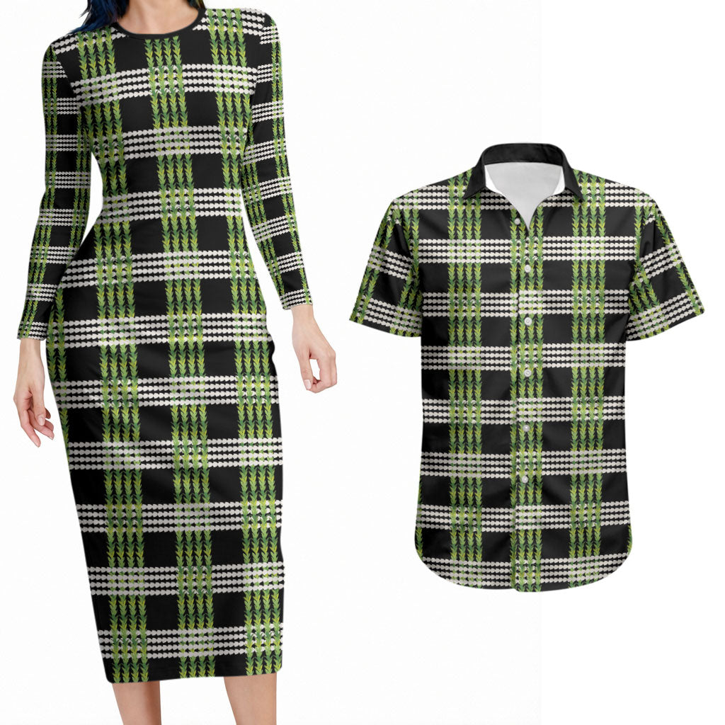 Aloha Hawaii Pakalana Pikake Lei Couples Matching Long Sleeve Bodycon Dress and Hawaiian Shirt Palaka Inspired Hawaiian-plaid Black LT14 Black - Polynesian Pride