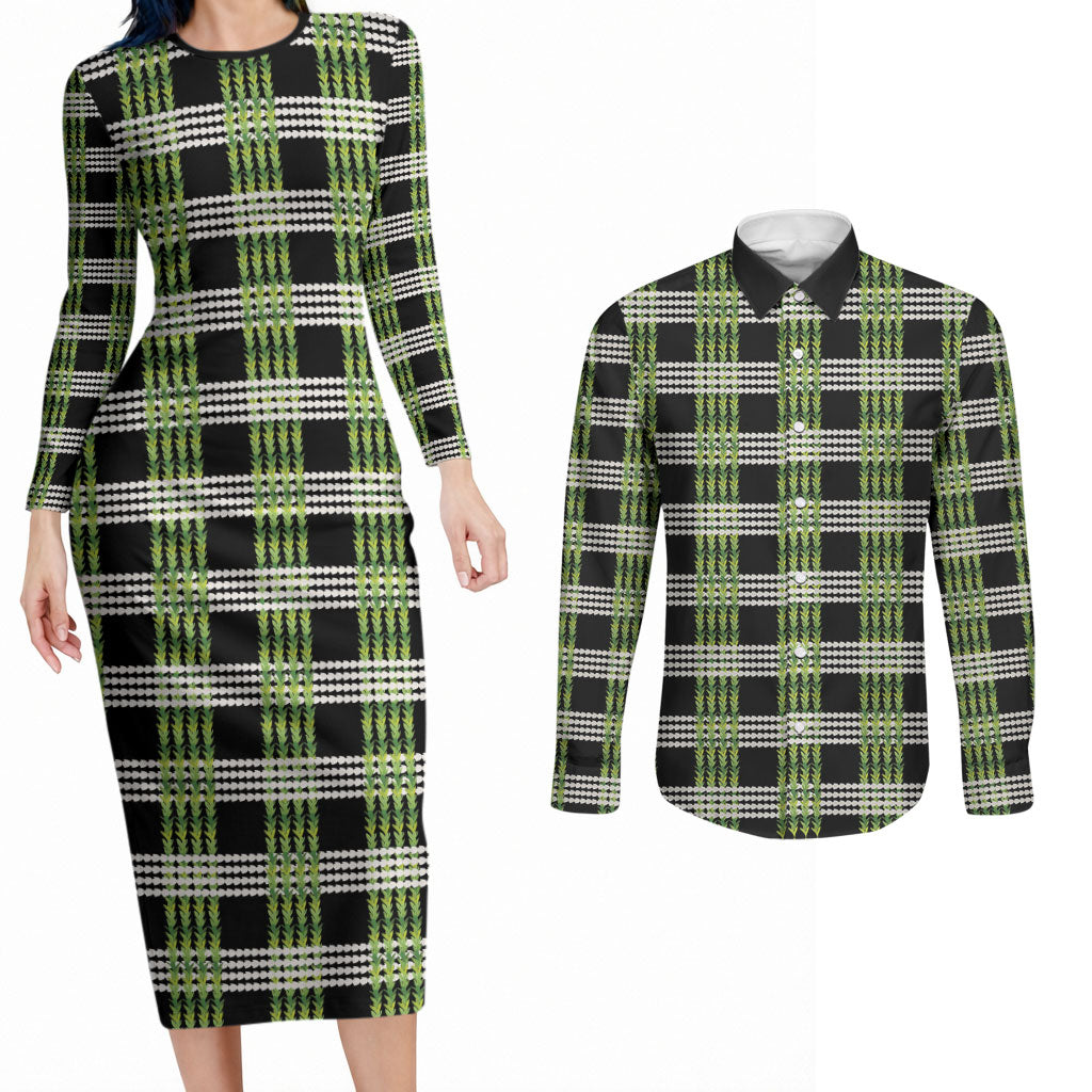 Aloha Hawaii Pakalana Pikake Lei Couples Matching Long Sleeve Bodycon Dress and Long Sleeve Button Shirt Palaka Inspired Hawaiian-plaid Black LT14 Black - Polynesian Pride