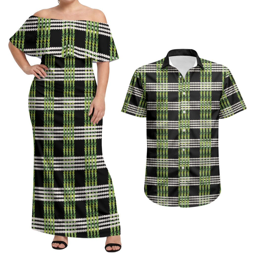 Aloha Hawaii Pakalana Pikake Lei Couples Matching Off Shoulder Maxi Dress and Hawaiian Shirt Palaka Inspired Hawaiian-plaid Black LT14 Black - Polynesian Pride