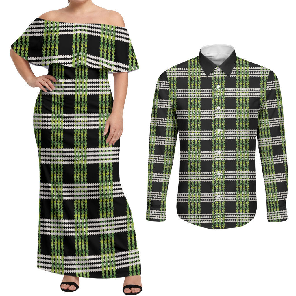 Aloha Hawaii Pakalana Pikake Lei Couples Matching Off Shoulder Maxi Dress and Long Sleeve Button Shirt Palaka Inspired Hawaiian-plaid Black