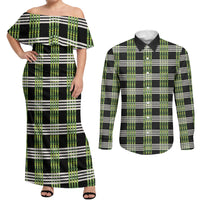 Aloha Hawaii Pakalana Pikake Lei Couples Matching Off Shoulder Maxi Dress and Long Sleeve Button Shirt Palaka Inspired Hawaiian-plaid Black