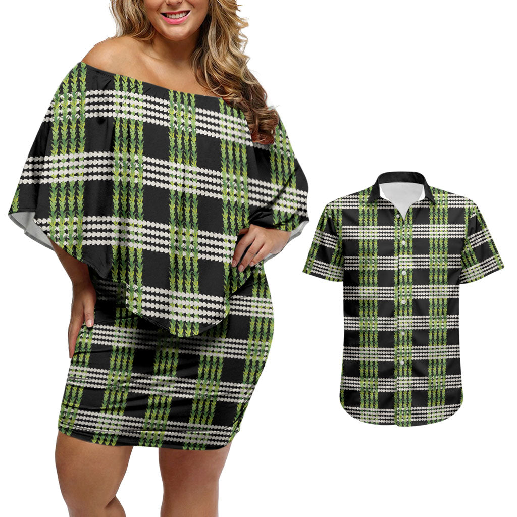Aloha Hawaii Pakalana Pikake Lei Couples Matching Off Shoulder Short Dress and Hawaiian Shirt Palaka Inspired Hawaiian-plaid Black LT14 Black - Polynesian Pride