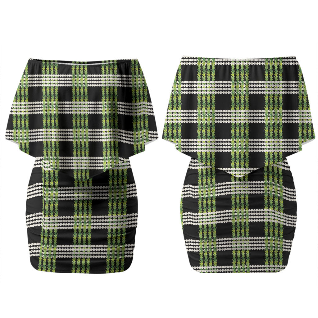 Aloha Hawaii Pakalana Pikake Lei Couples Matching Off Shoulder Short Dress and Hawaiian Shirt Palaka Inspired Hawaiian-plaid Black