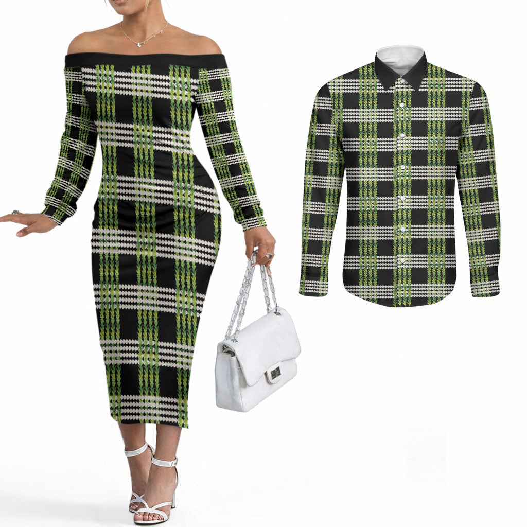 Aloha Hawaii Pakalana Pikake Lei Couples Matching Off The Shoulder Long Sleeve Dress and Long Sleeve Button Shirt Palaka Inspired Hawaiian-plaid Black LT14 Black - Polynesian Pride