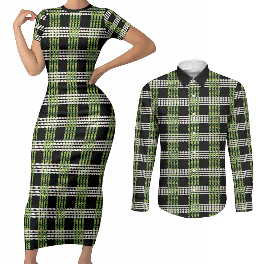 Aloha Hawaii Pakalana Pikake Lei Couples Matching Short Sleeve Bodycon Dress and Long Sleeve Button Shirt Palaka Inspired Hawaiian-plaid Black LT14 Black - Polynesian Pride