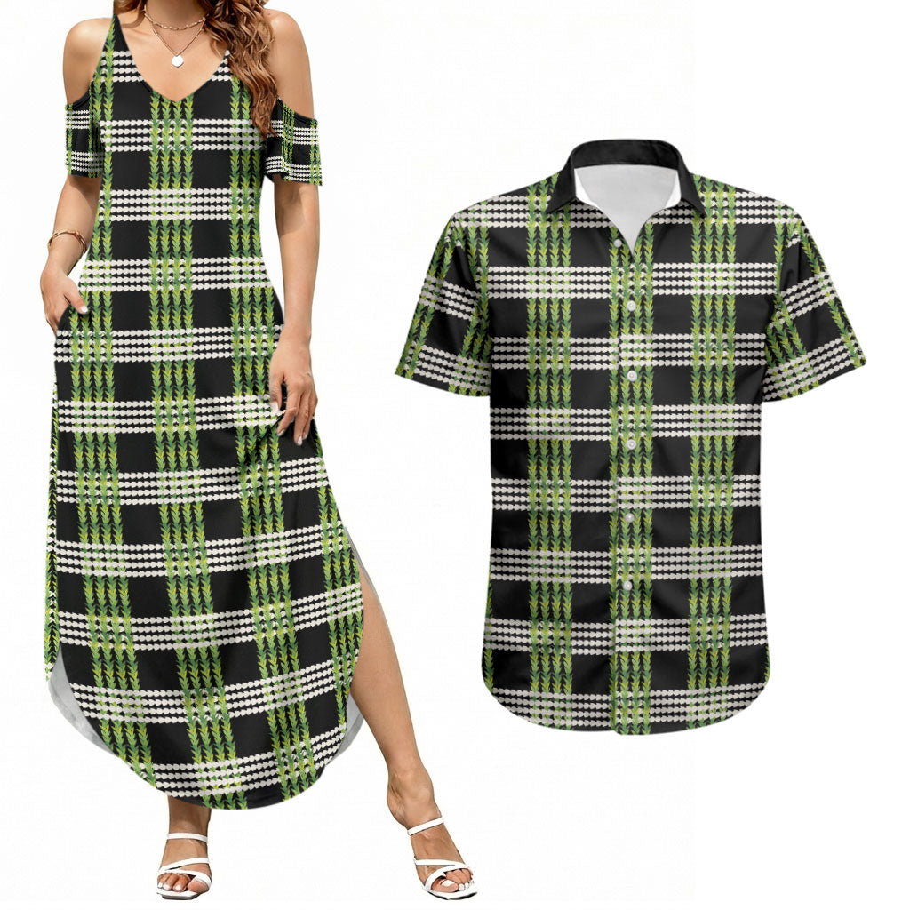 Aloha Hawaii Pakalana Pikake Lei Couples Matching Summer Maxi Dress and Hawaiian Shirt Palaka Inspired Hawaiian-plaid Black