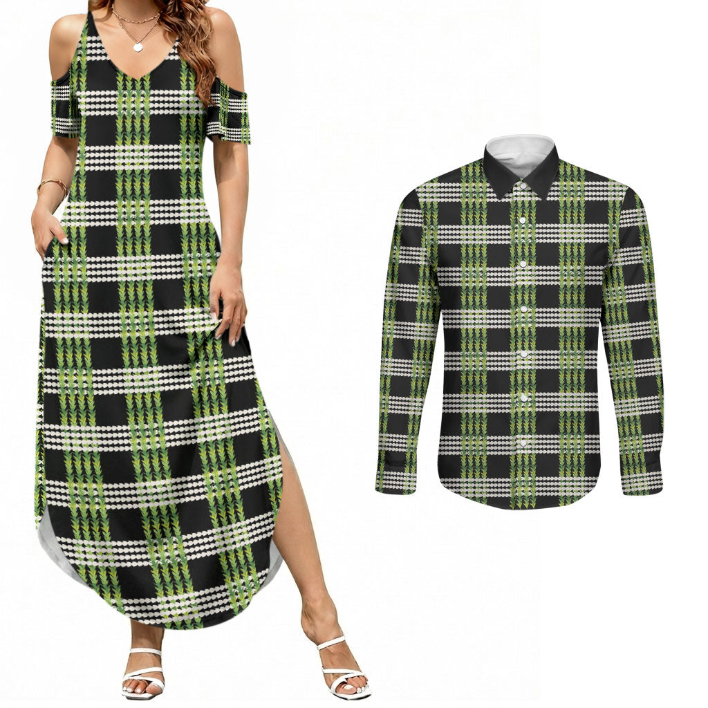 Aloha Hawaii Pakalana Pikake Lei Couples Matching Summer Maxi Dress and Long Sleeve Button Shirt Palaka Inspired Hawaiian-plaid Black
