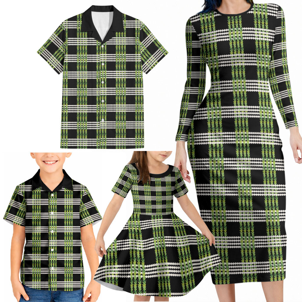 Aloha Hawaii Pakalana Pikake Lei Family Matching Long Sleeve Bodycon Dress and Hawaiian Shirt Palaka Inspired Hawaiian-plaid Black