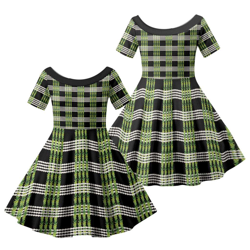 Aloha Hawaii Pakalana Pikake Lei Family Matching Long Sleeve Bodycon Dress and Hawaiian Shirt Palaka Inspired Hawaiian-plaid Black