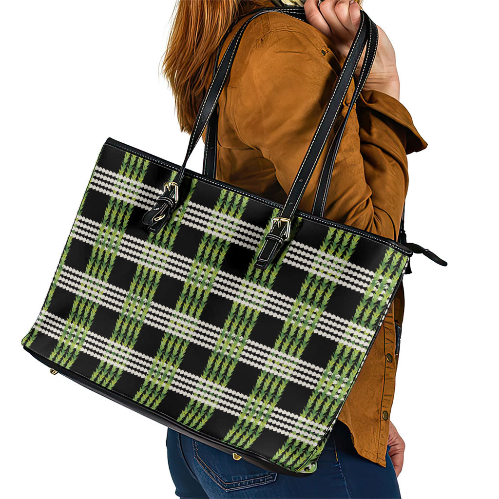 Aloha Hawaii Pakalana Pikake Lei Leather Tote Bag Palaka Inspired Hawaiian-plaid Black