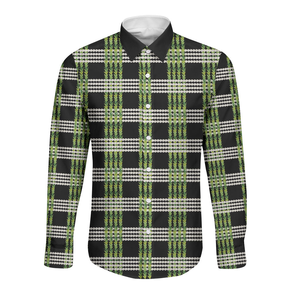 Aloha Hawaii Pakalana Pikake Lei Long Sleeve Button Shirt Palaka Inspired Hawaiian-plaid Black