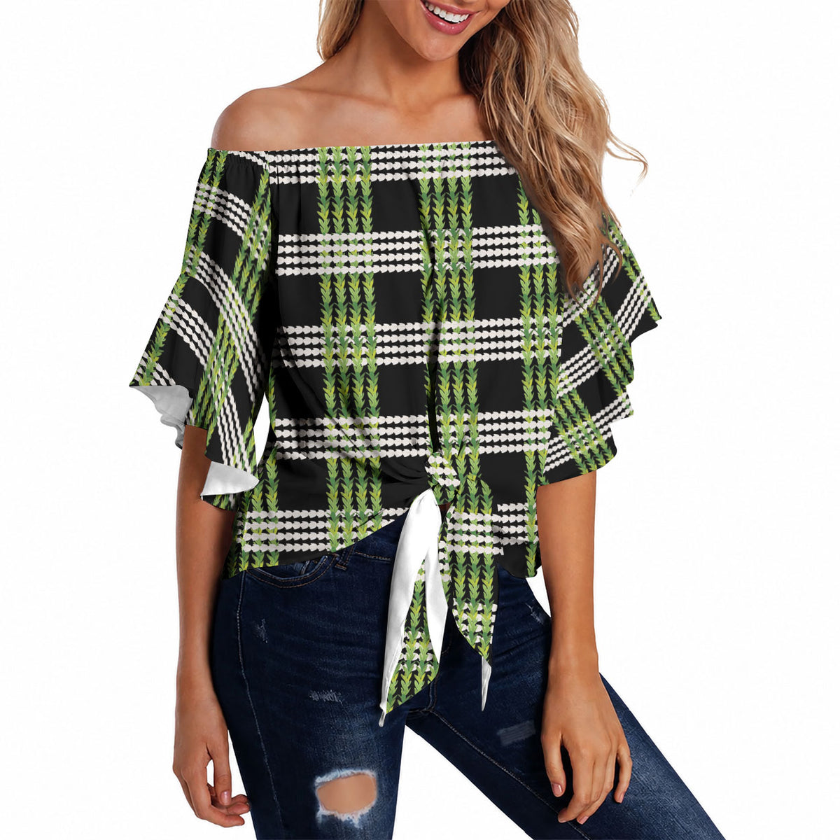 Aloha Hawaii Pakalana Pikake Lei Off Shoulder Wrap Waist Top Palaka Inspired Hawaiian-plaid Black