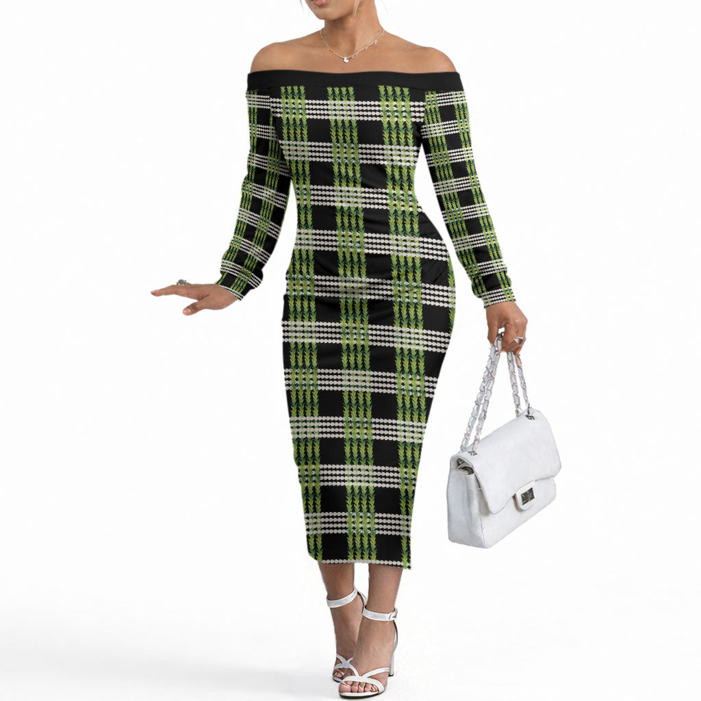 Aloha Hawaii Pakalana Pikake Lei Off The Shoulder Long Sleeve Dress Palaka Inspired Hawaiian-plaid Black