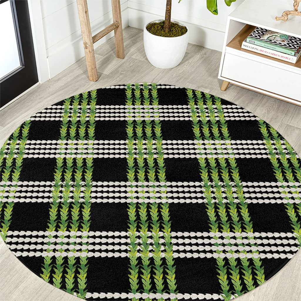 Aloha Hawaii Pakalana Pikake Lei Round Carpet Palaka Inspired Hawaiian-plaid Black