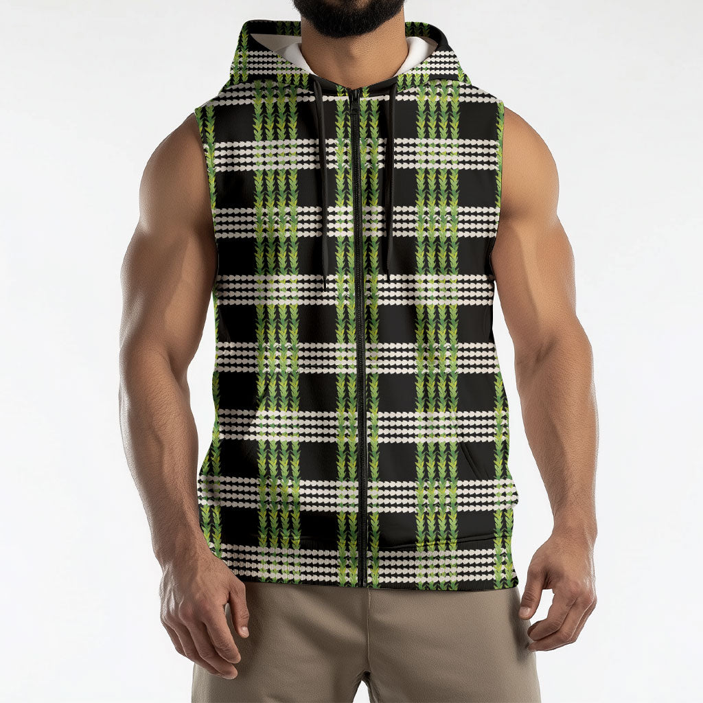 Aloha Hawaii Pakalana Pikake Lei Sleeveless Zip Hoodie Palaka Inspired Hawaiian-plaid Black