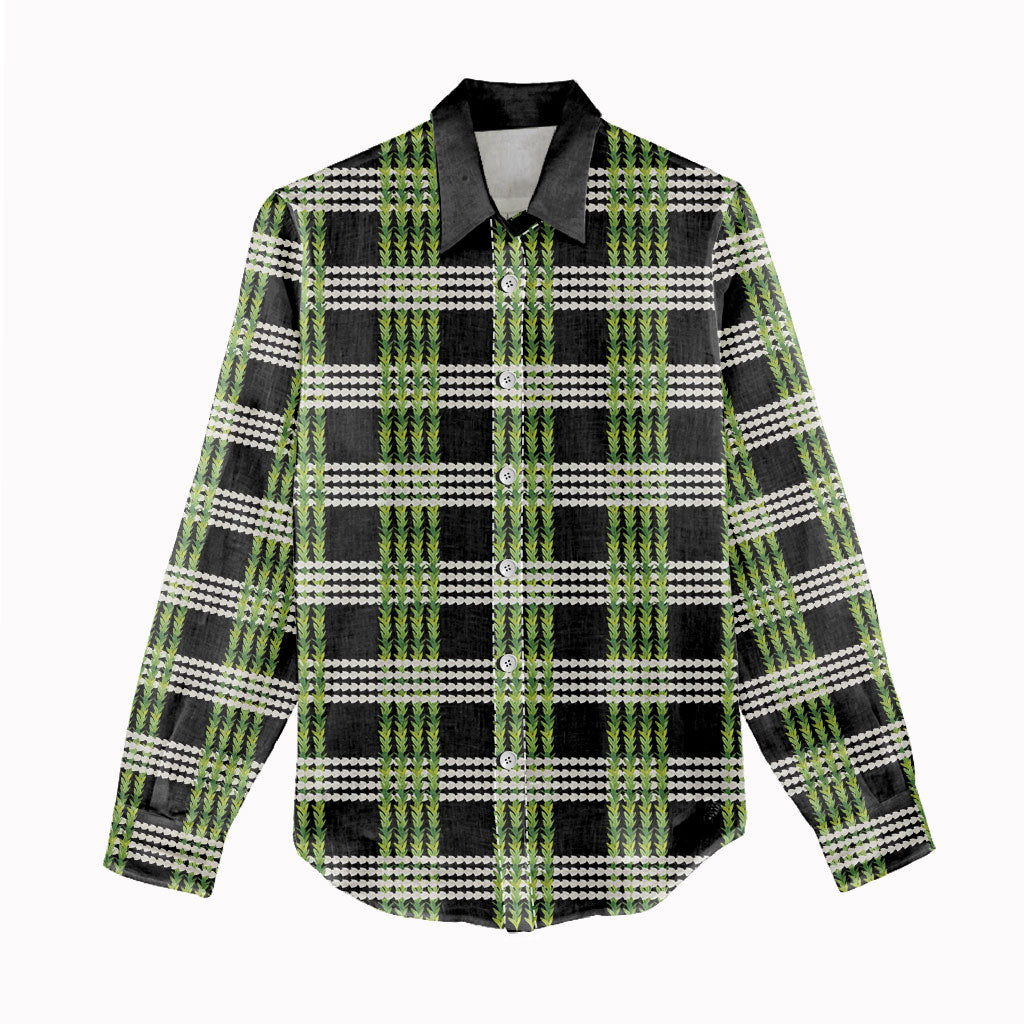 Aloha Hawaii Pakalana Pikake Lei Women Casual Shirt Palaka Inspired Hawaiian-plaid Black