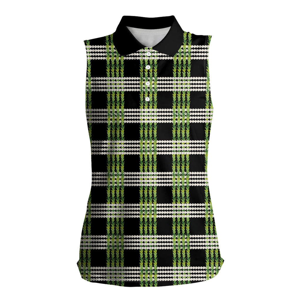 Aloha Hawaii Pakalana Pikake Lei Women Sleeveless Polo Shirt Palaka Inspired Hawaiian-plaid Black LT14 Female Black - Polynesian Pride