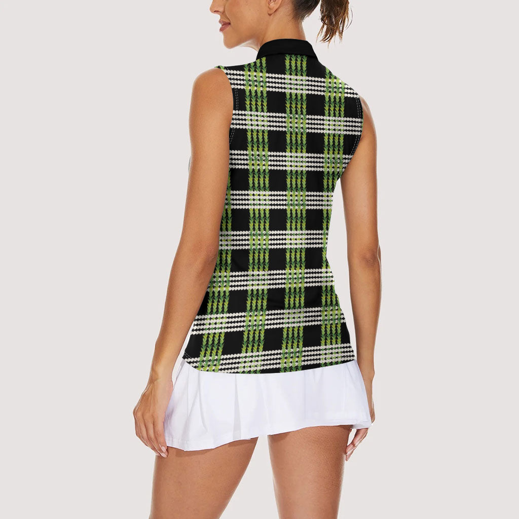 Aloha Hawaii Pakalana Pikake Lei Women Sleeveless Polo Shirt Palaka Inspired Hawaiian-plaid Black