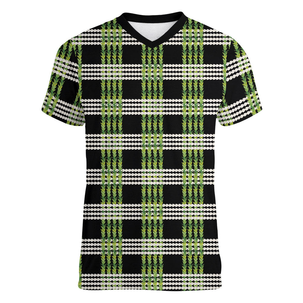 Aloha Hawaii Pakalana Pikake Lei Women V-Neck T-Shirt Palaka Inspired Hawaiian-plaid Black