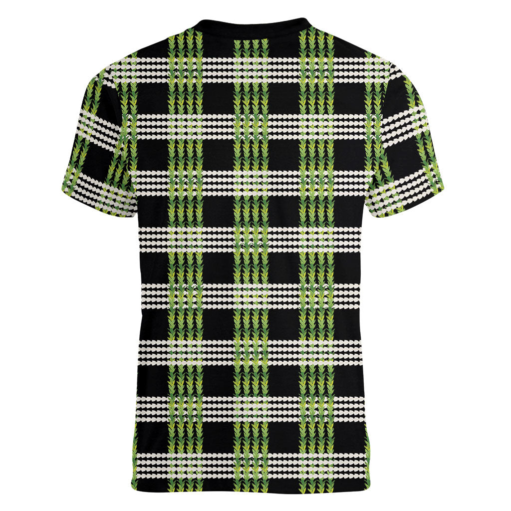 Aloha Hawaii Pakalana Pikake Lei Women V-Neck T-Shirt Palaka Inspired Hawaiian-plaid Black