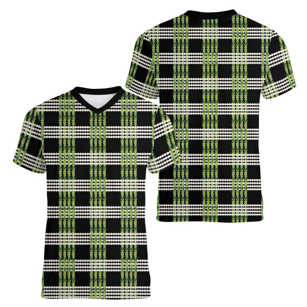 Aloha Hawaii Pakalana Pikake Lei Women V-Neck T-Shirt Palaka Inspired Hawaiian-plaid Black