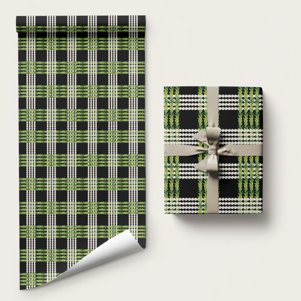 Aloha Hawaii Pakalana Pikake Lei Wrapping Paper Palaka Inspired Hawaiian-plaid Black LT14 58" × 23" Black - Polynesian Pride