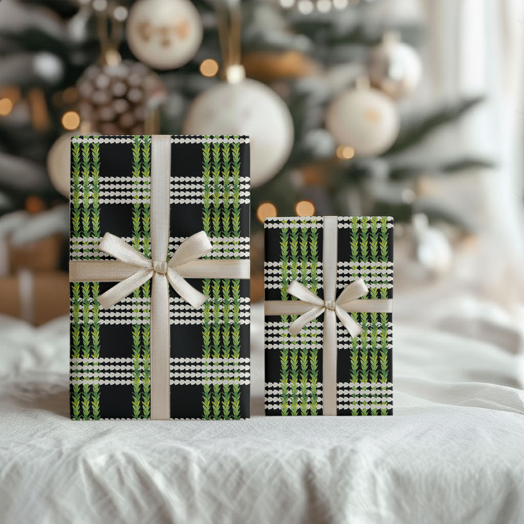 Aloha Hawaii Pakalana Pikake Lei Wrapping Paper Palaka Inspired Hawaiian-plaid Black