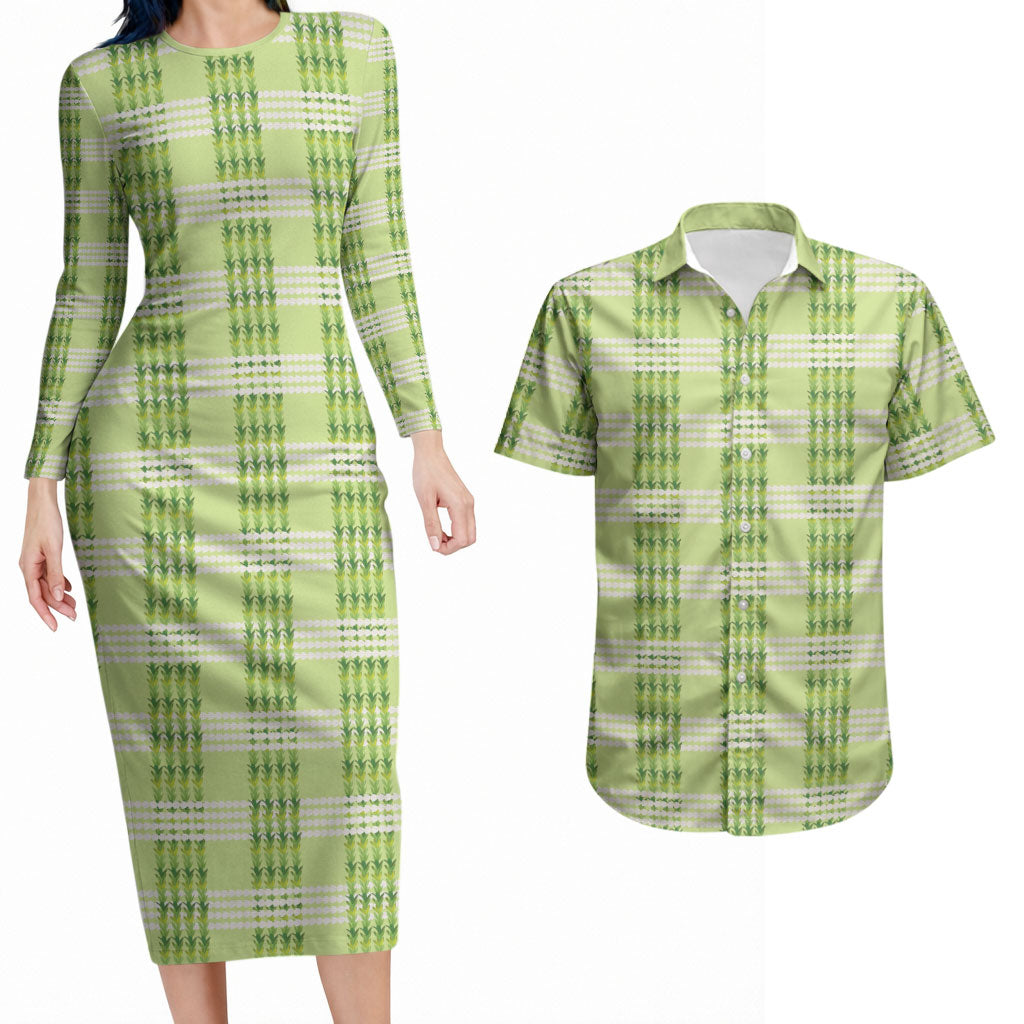 Aloha Hawaii Pakalana Pikake Lei Couples Matching Long Sleeve Bodycon Dress and Hawaiian Shirt Palaka Inspired Hawaiian-plaid Pastel Green