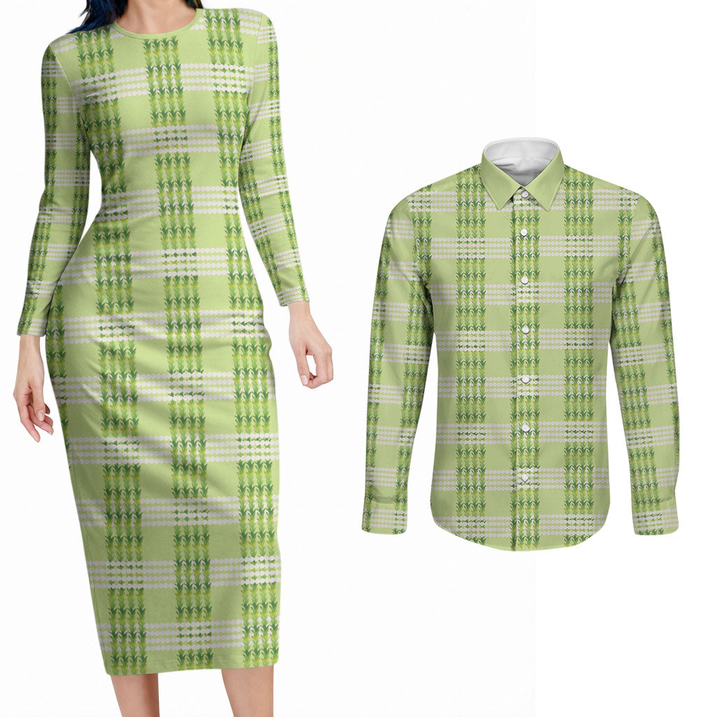 Aloha Hawaii Pakalana Pikake Lei Couples Matching Long Sleeve Bodycon Dress and Long Sleeve Button Shirt Palaka Inspired Hawaiian-plaid Pastel Green LT14 Green - Polynesian Pride