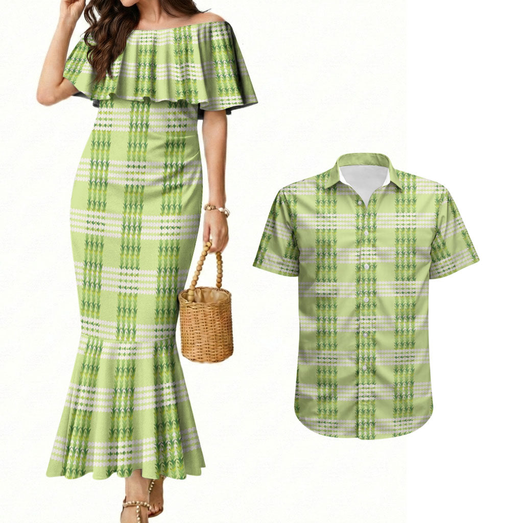 Aloha Hawaii Pakalana Pikake Lei Couples Matching Mermaid Dress and Hawaiian Shirt Palaka Inspired Hawaiian-plaid Pastel Green LT14 Green - Polynesian Pride