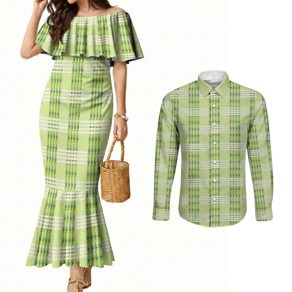 Aloha Hawaii Pakalana Pikake Lei Couples Matching Mermaid Dress and Long Sleeve Button Shirt Palaka Inspired Hawaiian-plaid Pastel Green LT14 Green - Polynesian Pride