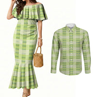Aloha Hawaii Pakalana Pikake Lei Couples Matching Mermaid Dress and Long Sleeve Button Shirt Palaka Inspired Hawaiian-plaid Pastel Green
