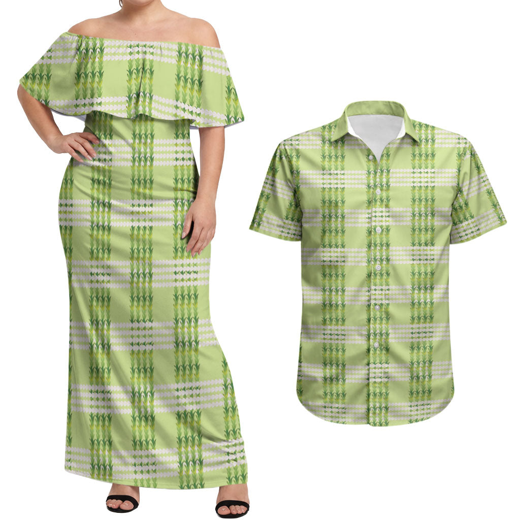 Aloha Hawaii Pakalana Pikake Lei Couples Matching Off Shoulder Maxi Dress and Hawaiian Shirt Palaka Inspired Hawaiian-plaid Pastel Green LT14 Green - Polynesian Pride