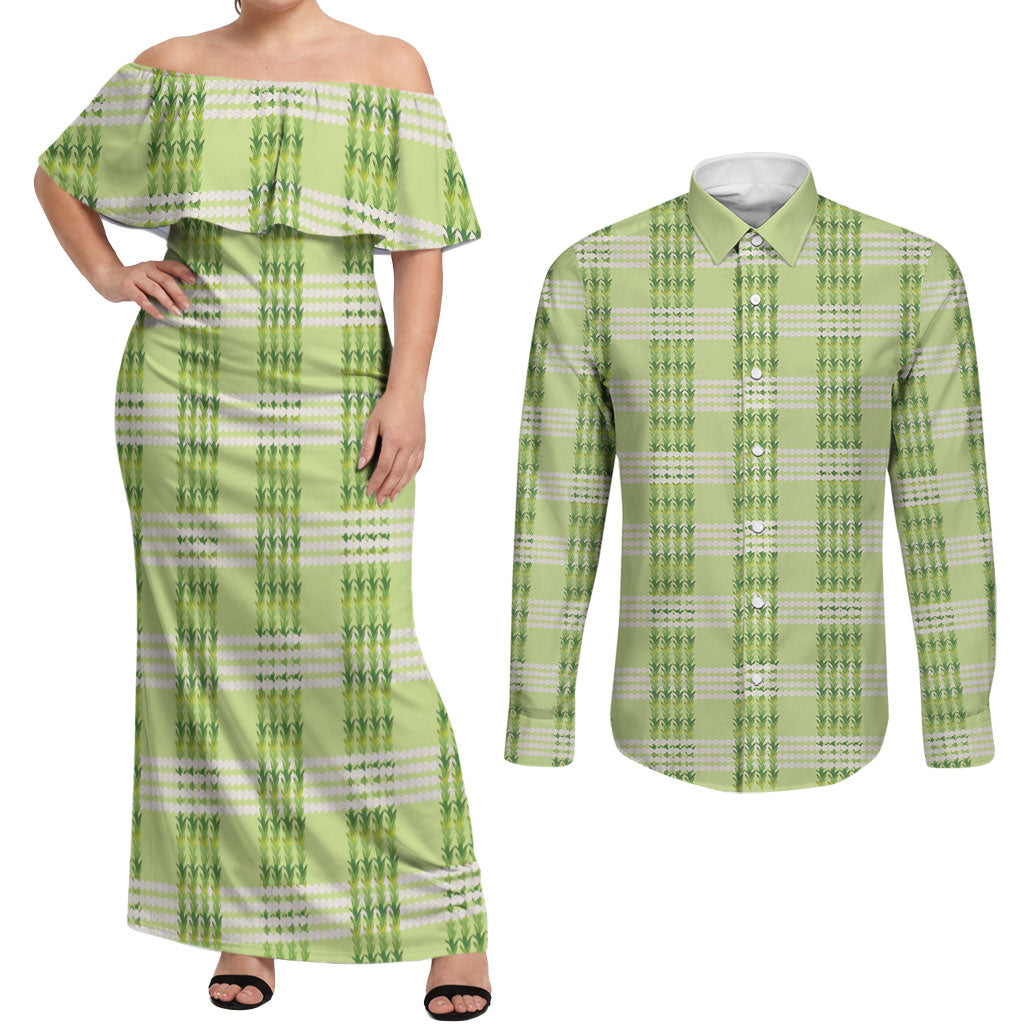 Aloha Hawaii Pakalana Pikake Lei Couples Matching Off Shoulder Maxi Dress and Long Sleeve Button Shirt Palaka Inspired Hawaiian-plaid Pastel Green LT14 Green - Polynesian Pride