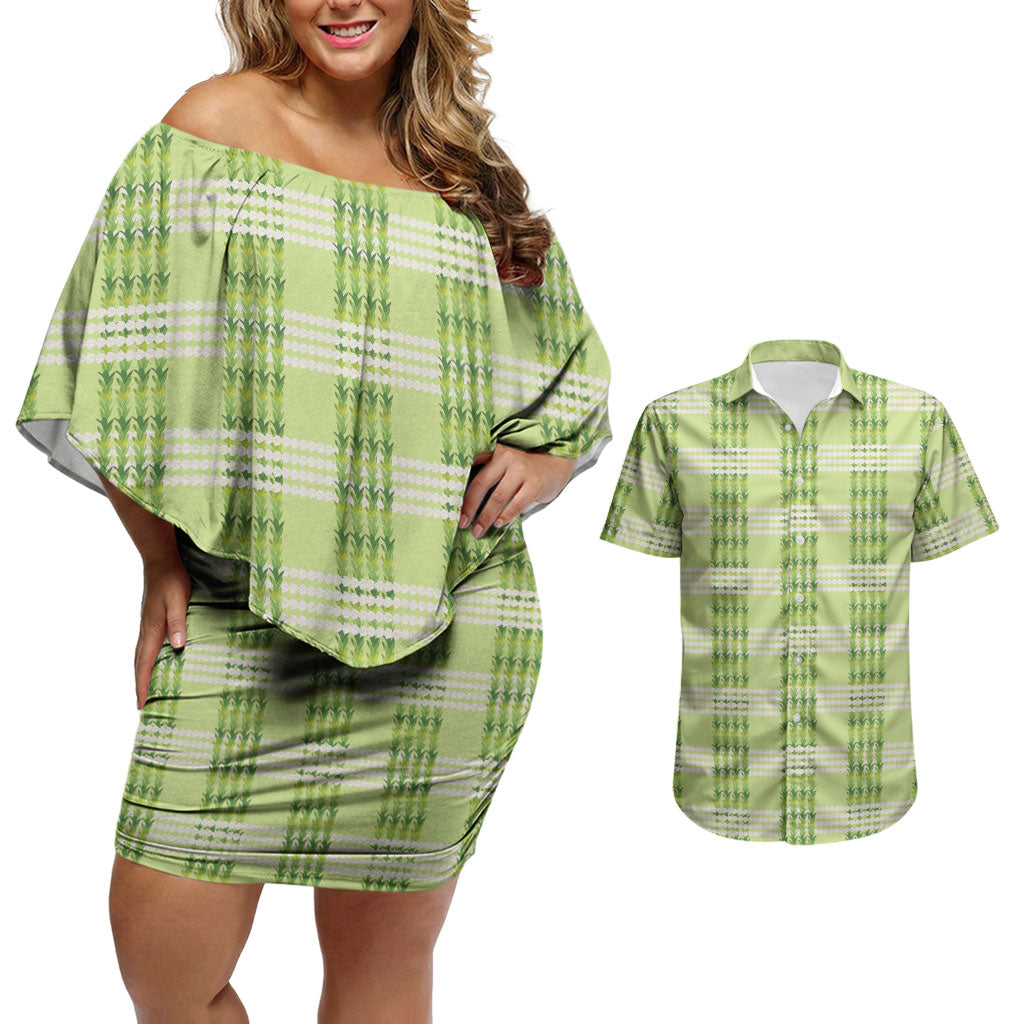 Aloha Hawaii Pakalana Pikake Lei Couples Matching Off Shoulder Short Dress and Hawaiian Shirt Palaka Inspired Hawaiian-plaid Pastel Green LT14 Green - Polynesian Pride