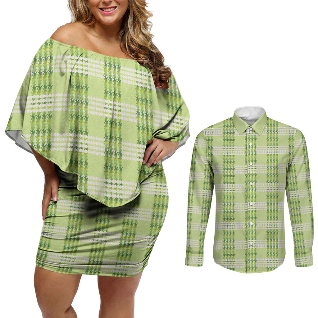 Aloha Hawaii Pakalana Pikake Lei Couples Matching Off Shoulder Short Dress and Long Sleeve Button Shirt Palaka Inspired Hawaiian-plaid Pastel Green LT14 Green - Polynesian Pride