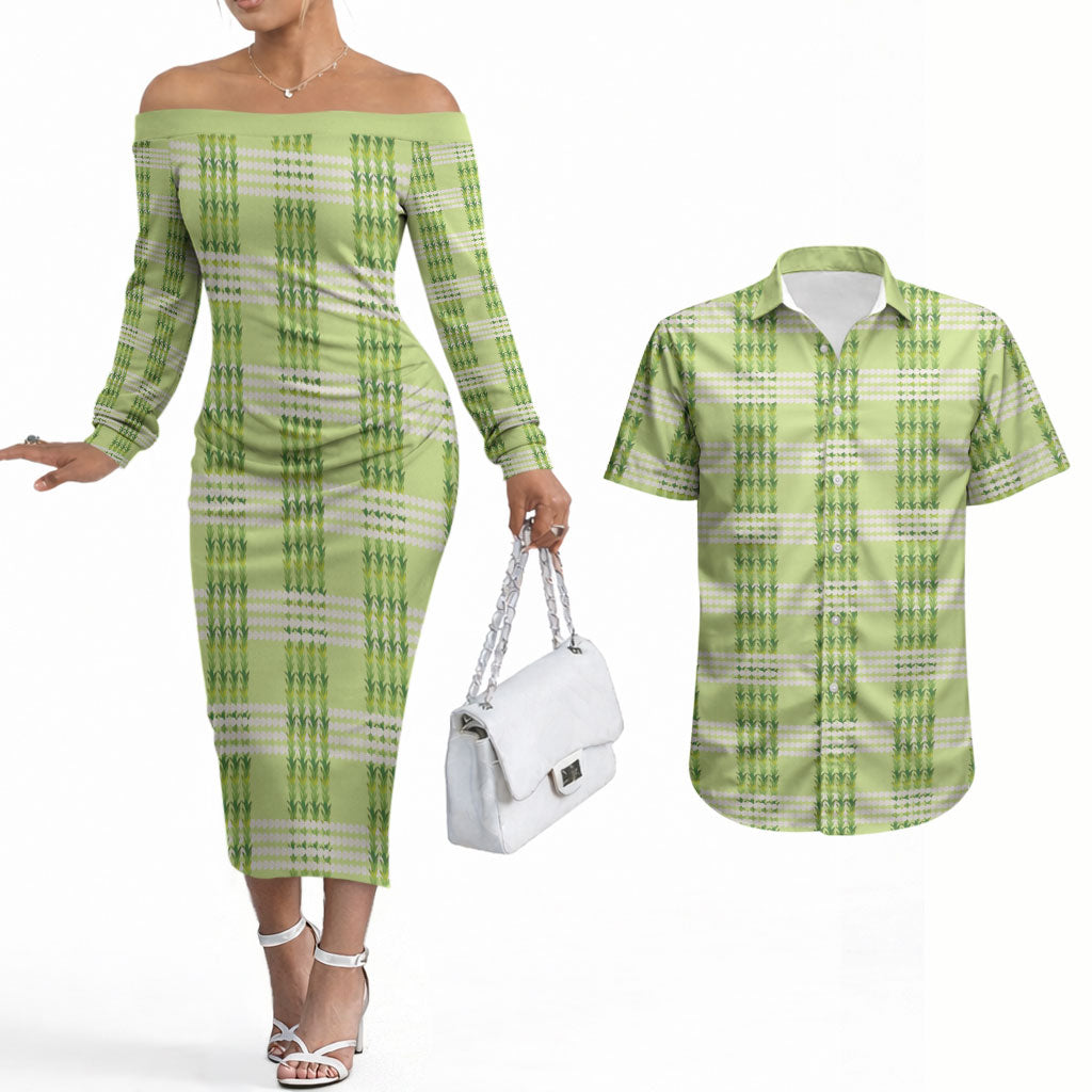 Aloha Hawaii Pakalana Pikake Lei Couples Matching Off The Shoulder Long Sleeve Dress and Hawaiian Shirt Palaka Inspired Hawaiian-plaid Pastel Green LT14 Green - Polynesian Pride
