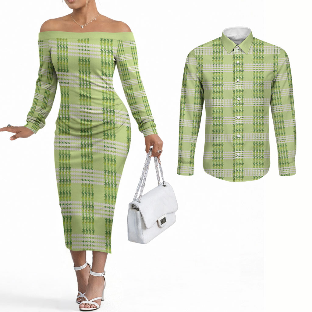 Aloha Hawaii Pakalana Pikake Lei Couples Matching Off The Shoulder Long Sleeve Dress and Long Sleeve Button Shirt Palaka Inspired Hawaiian-plaid Pastel Green LT14 Green - Polynesian Pride