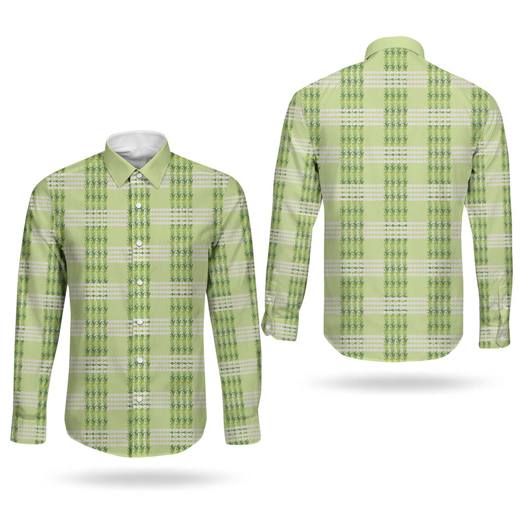 Aloha Hawaii Pakalana Pikake Lei Couples Matching Off The Shoulder Long Sleeve Dress and Long Sleeve Button Shirt Palaka Inspired Hawaiian-plaid Pastel Green