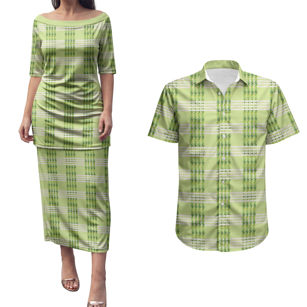 Aloha Hawaii Pakalana Pikake Lei Couples Matching Puletasi and Hawaiian Shirt Palaka Inspired Hawaiian-plaid Pastel Green LT14 Green - Polynesian Pride