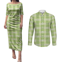 Aloha Hawaii Pakalana Pikake Lei Couples Matching Puletasi and Long Sleeve Button Shirt Palaka Inspired Hawaiian-plaid Pastel Green