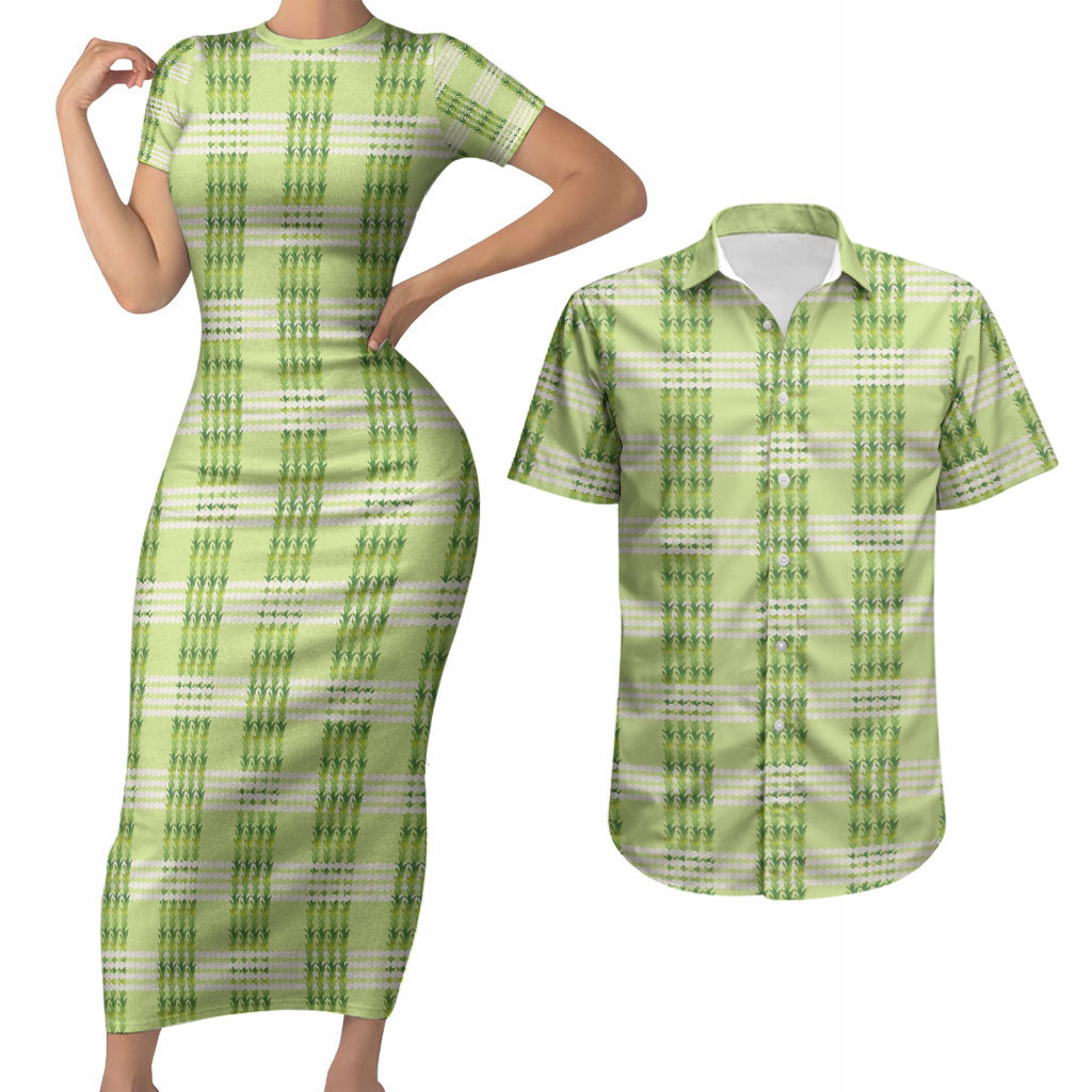 Aloha Hawaii Pakalana Pikake Lei Couples Matching Short Sleeve Bodycon Dress and Hawaiian Shirt Palaka Inspired Hawaiian-plaid Pastel Green