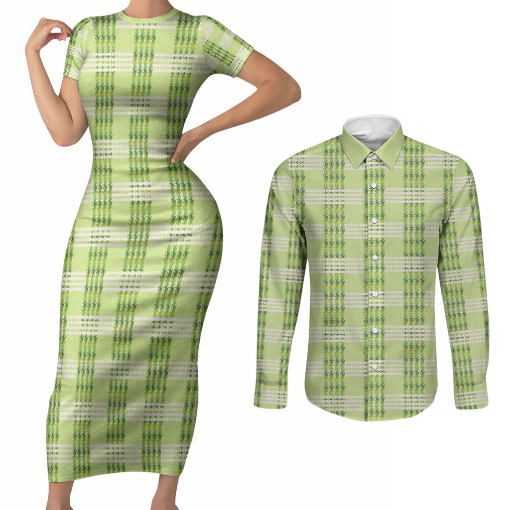 Aloha Hawaii Pakalana Pikake Lei Couples Matching Short Sleeve Bodycon Dress and Long Sleeve Button Shirt Palaka Inspired Hawaiian-plaid Pastel Green LT14 Green - Polynesian Pride