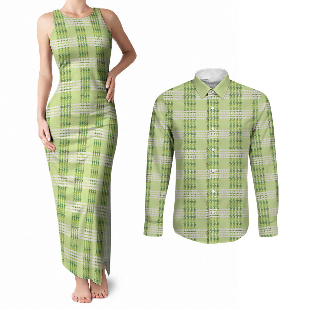 Aloha Hawaii Pakalana Pikake Lei Couples Matching Tank Maxi Dress and Long Sleeve Button Shirt Palaka Inspired Hawaiian-plaid Pastel Green LT14 Green - Polynesian Pride