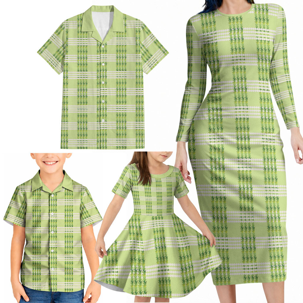 Aloha Hawaii Pakalana Pikake Lei Family Matching Long Sleeve Bodycon Dress and Hawaiian Shirt Palaka Inspired Hawaiian-plaid Pastel Green LT14 - Polynesian Pride
