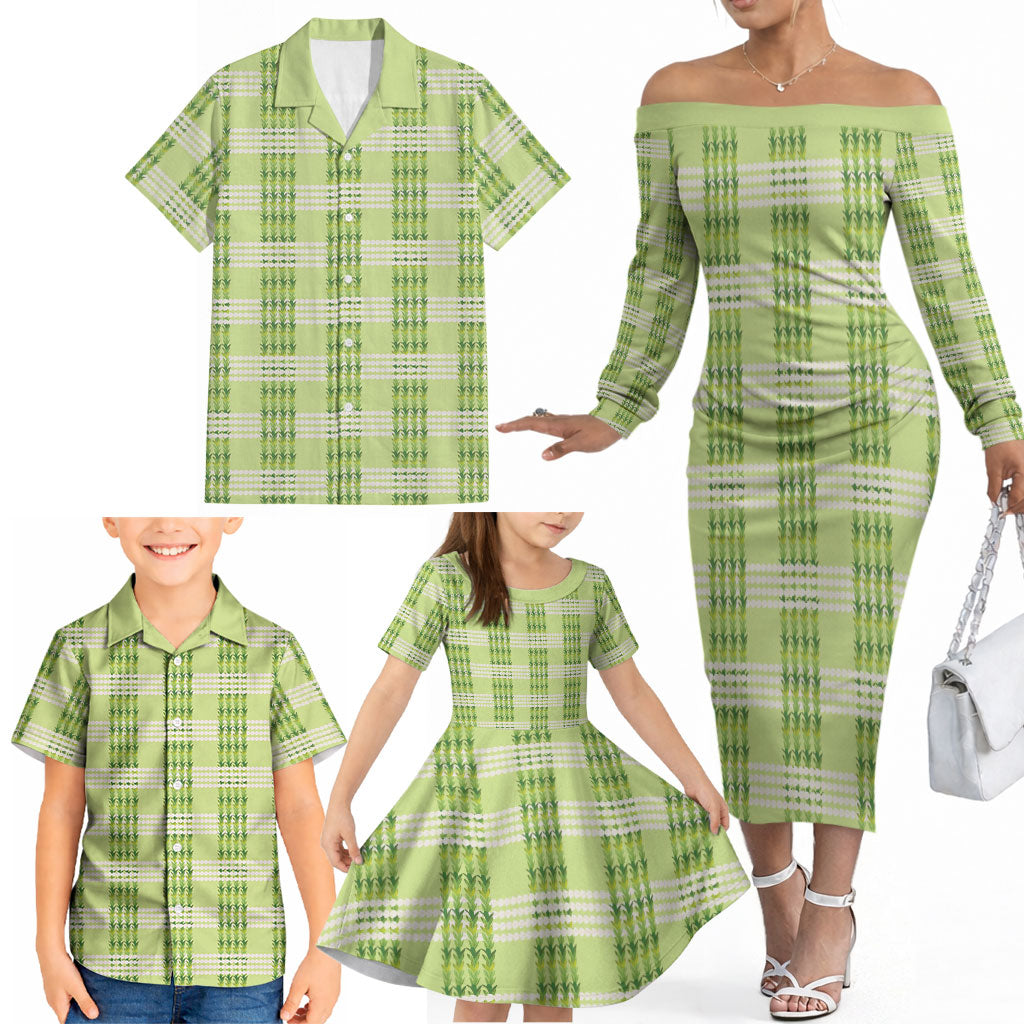 Aloha Hawaii Pakalana Pikake Lei Family Matching Off The Shoulder Long Sleeve Dress and Hawaiian Shirt Palaka Inspired Hawaiian-plaid Pastel Green LT14 - Polynesian Pride