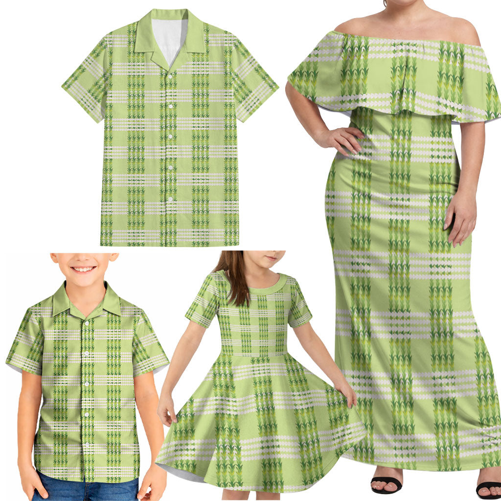 Aloha Hawaii Pakalana Pikake Lei Family Matching Off Shoulder Maxi Dress and Hawaiian Shirt Palaka Inspired Hawaiian-plaid Pastel Green LT14 - Polynesian Pride