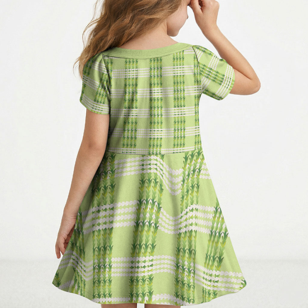 Aloha Hawaii Pakalana Pikake Lei Kid Short Sleeve Dress Palaka Inspired Hawaiian-plaid Pastel Green