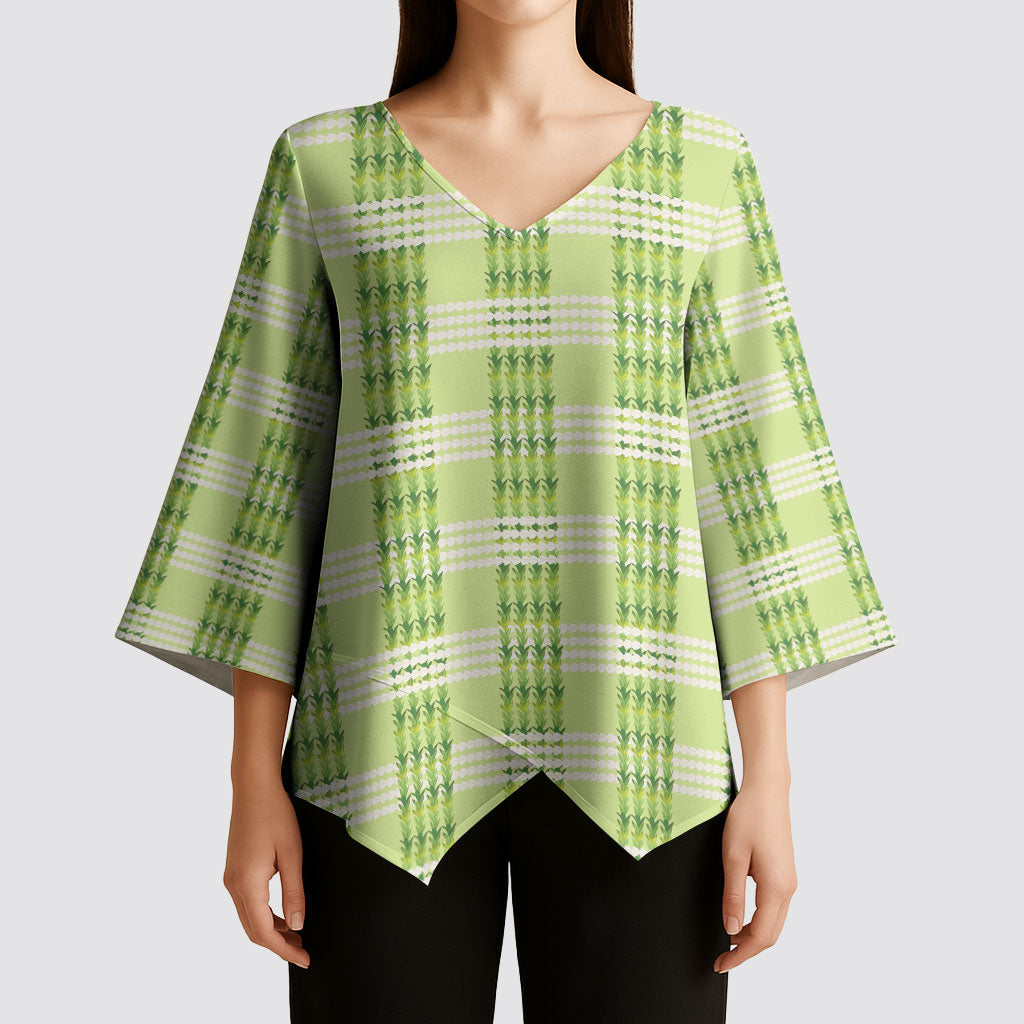 Aloha Hawaii Pakalana Pikake Lei Kimono Sleeve Blouse Palaka Inspired Hawaiian-plaid Pastel Green