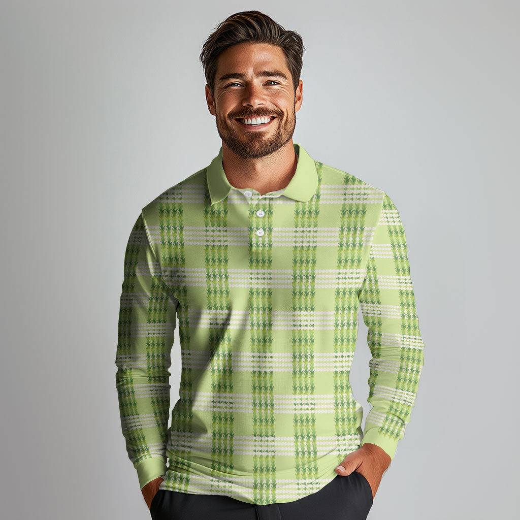 Aloha Hawaii Pakalana Pikake Lei Long Sleeve Polo Shirt Palaka Inspired Hawaiian-plaid Pastel Green